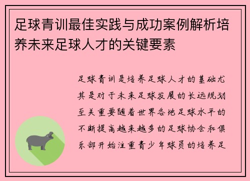 足球青训最佳实践与成功案例解析培养未来足球人才的关键要素 足球青训最佳实践与成功案例解析培养未来足球人才的关键要素