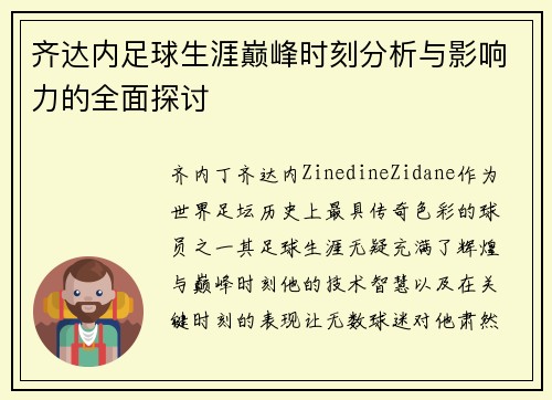 齐达内足球生涯巅峰时刻分析与影响力的全面探讨